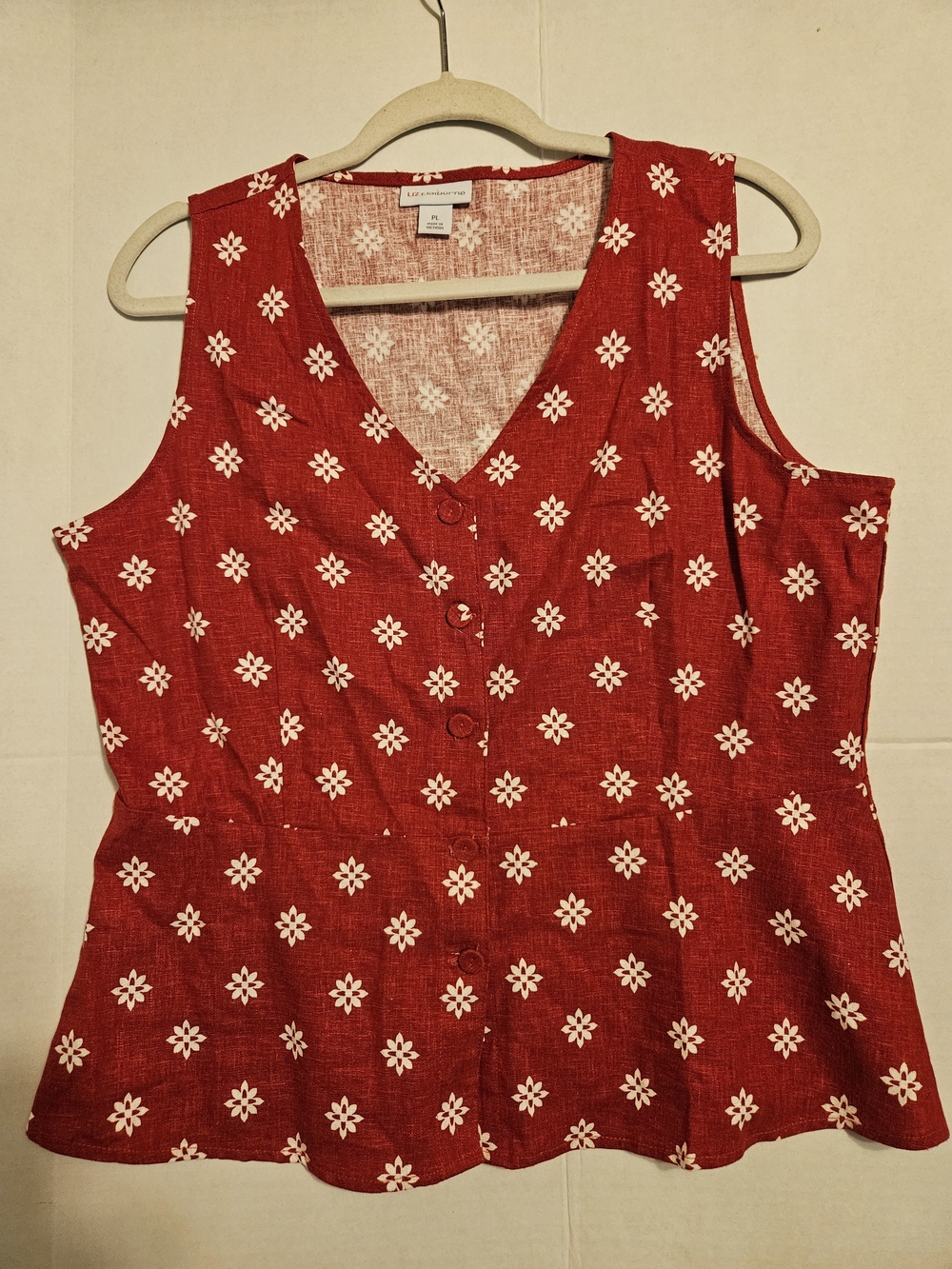 Liz Claiborne Red Sleeveless V-Neck Button Front Floral Top